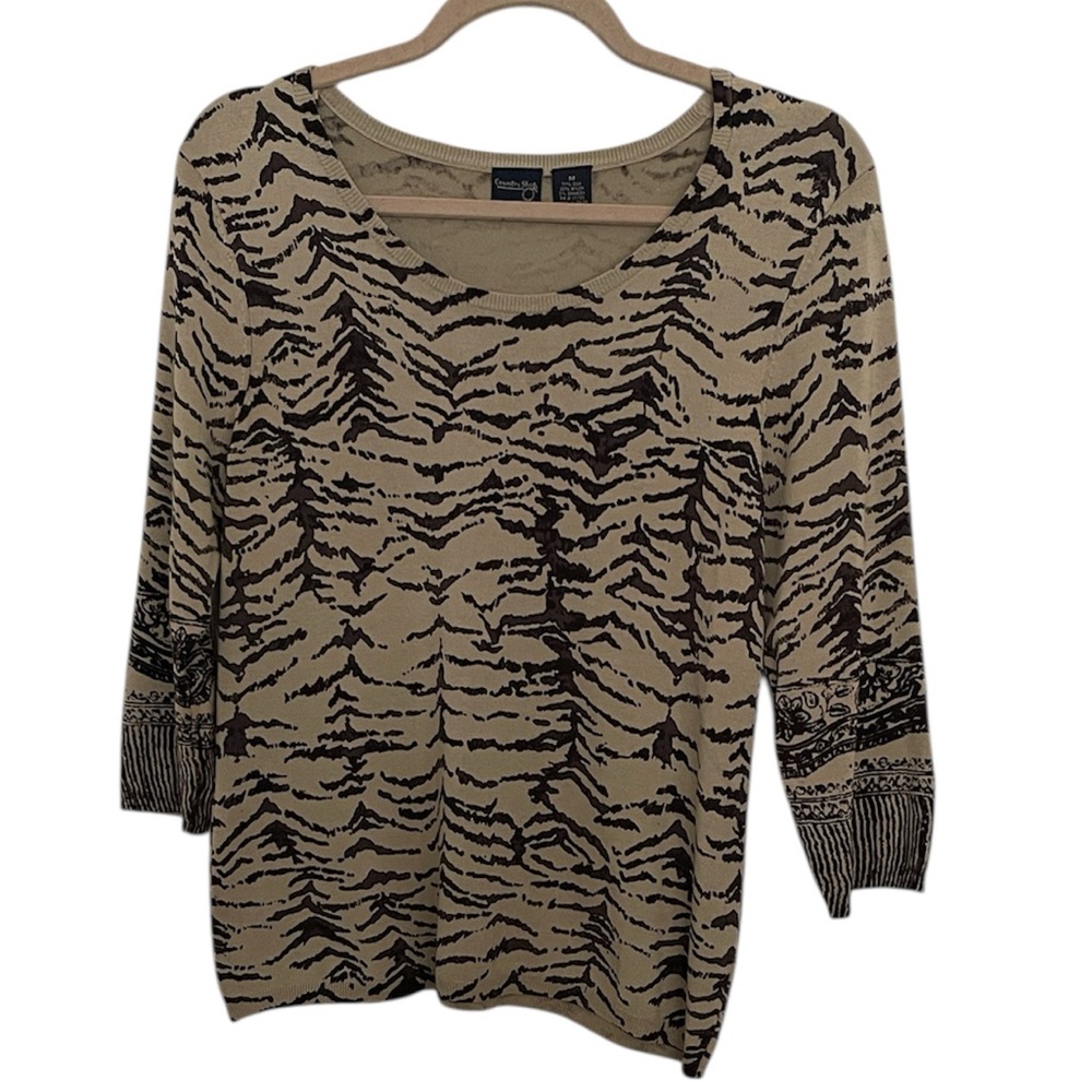 Country Shop Silk Scoop Neck Pattern Top Neutral Animal Print Sweater